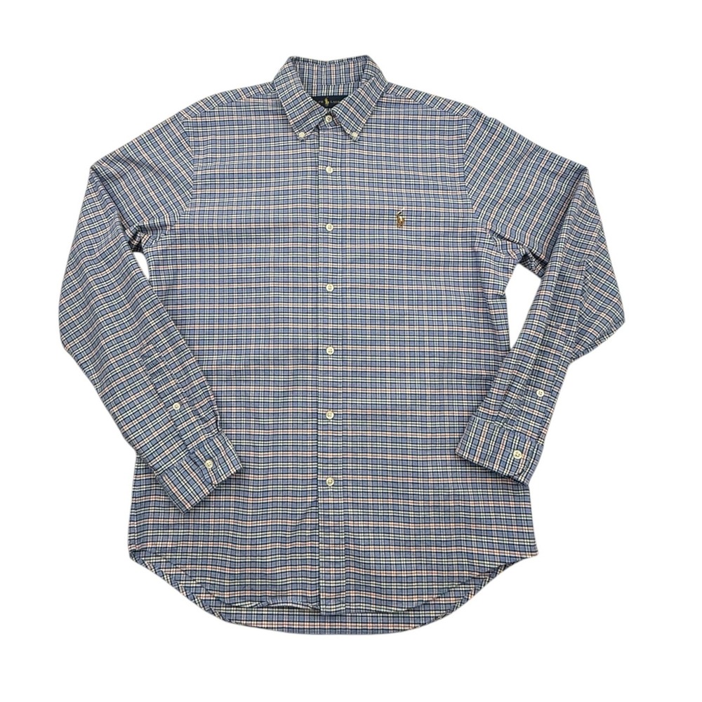 Ralph Lauren Button Down Shirt Men Medium Blue Plaid Long Sleeve Flesh Pony Logo